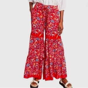 Johnny Was Caroline Red Floral Wide-Leg Palazzo Pants